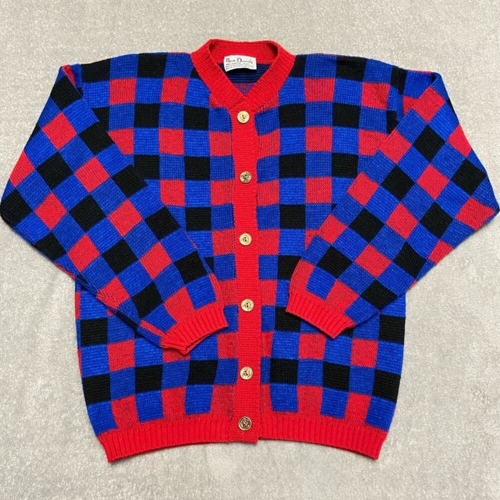 Vintage 80s Nan Dorsey Checkered Grandpa Cardigan Womens M Red Blue Made in USA